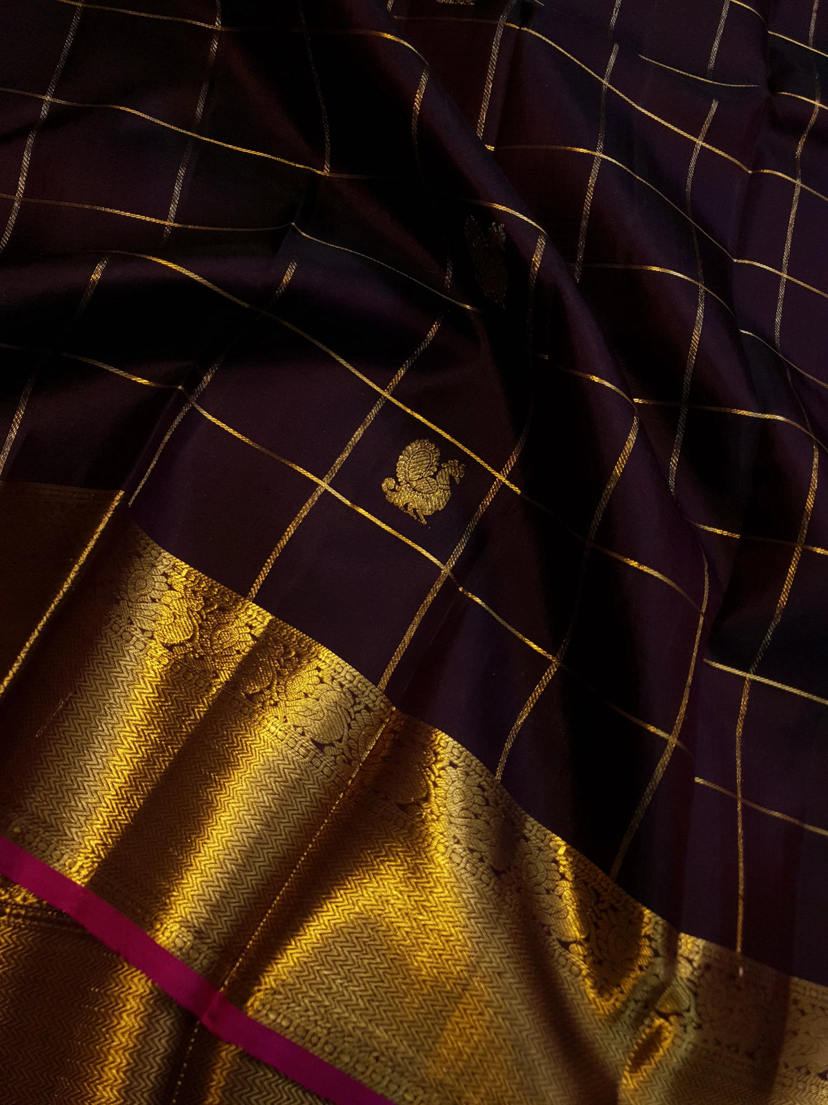 2G Pure Kanjivaram Silk Saree in Deep Brown with Rich Gold Zari Checks, Peacock & Chakram Buttas and Grand Zari Border | Silkmark Certified