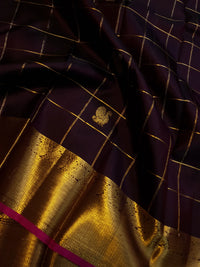 2G Pure Kanjivaram Silk Saree in Deep Brown with Rich Gold Zari Checks, Peacock & Chakram Buttas and Grand Zari Border | Silkmark Certified