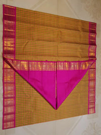 3G Korvai Pure Kanjivaram Silk Saree in Paalum Pazham Checks with Rich Zari Pallu & Blouse | Silkmark Certified