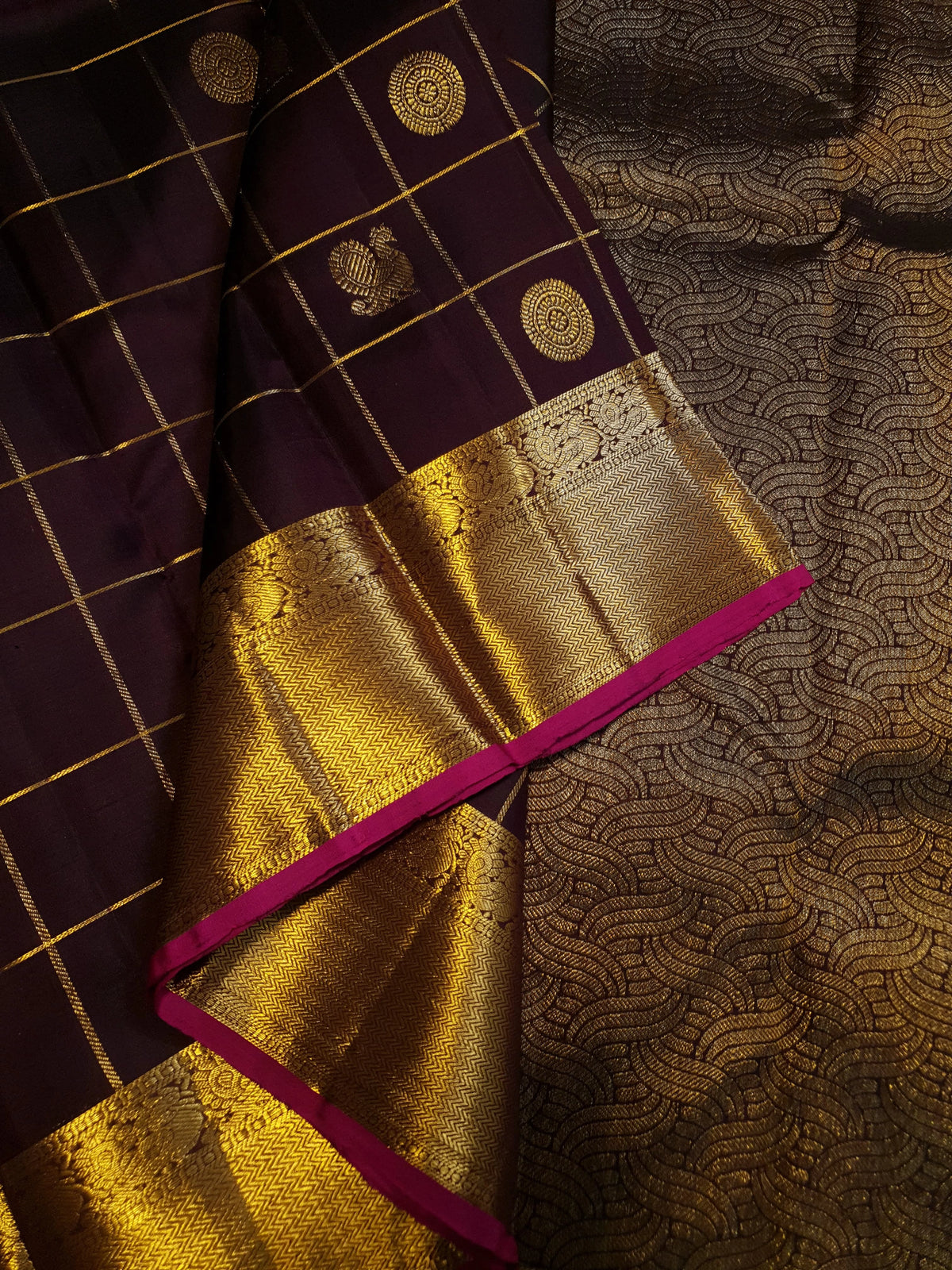 2G Pure Kanjivaram Silk Saree in Deep Brown with Rich Gold Zari Checks, Peacock & Chakram Buttas and Grand Zari Border | Silkmark Certified
