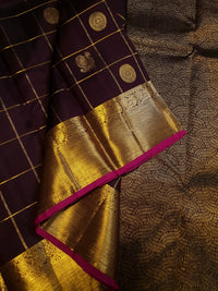 2G Pure Kanjivaram Silk Saree in Deep Brown with Rich Gold Zari Checks, Peacock & Chakram Buttas and Grand Zari Border | Silkmark Certified