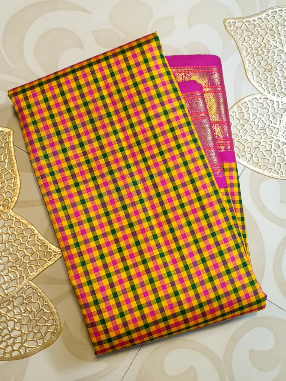 3G Korvai Pure Kanjivaram Silk Saree in Paalum Pazham Checks with Rich Zari Pallu & Blouse | Silkmark Certified