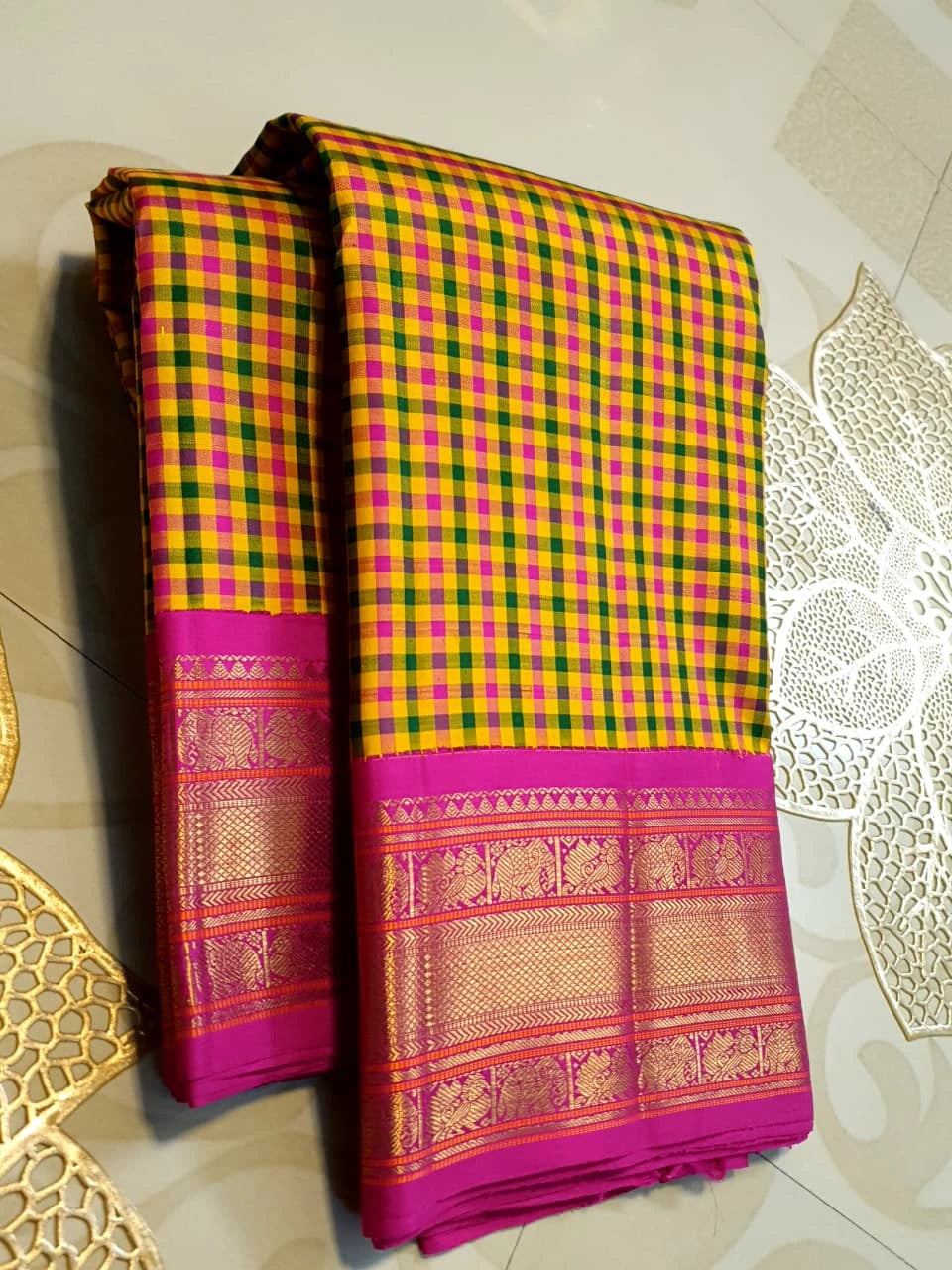 3G Korvai Pure Kanjivaram Silk Saree in Paalum Pazham Checks with Rich Zari Pallu & Blouse | Silkmark Certified