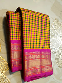3G Korvai Pure Kanjivaram Silk Saree in Paalum Pazham Checks with Rich Zari Pallu & Blouse | Silkmark Certified