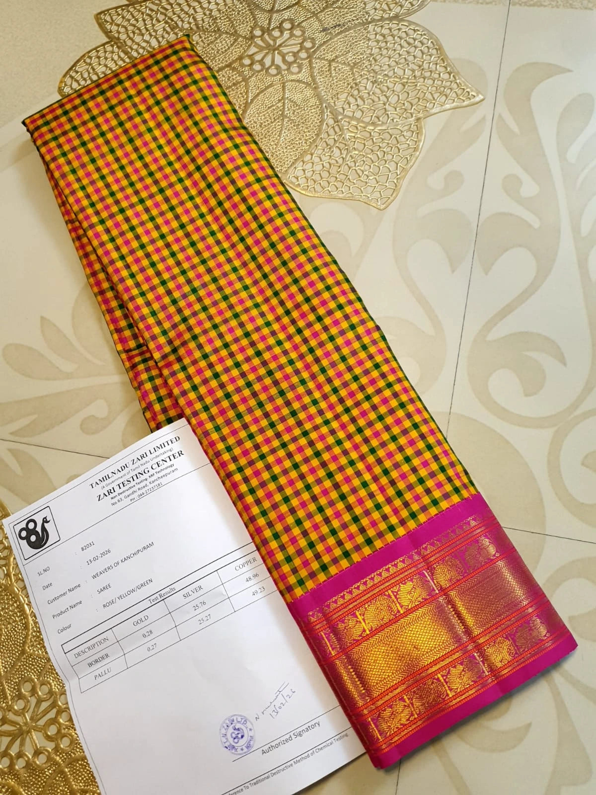 3G Korvai Pure Kanjivaram Silk Saree in Paalum Pazham Checks with Rich Zari Pallu & Blouse | Silkmark Certified