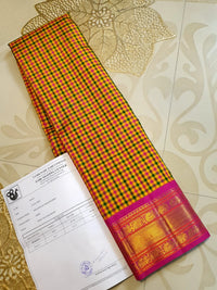 3G Korvai Pure Kanjivaram Silk Saree in Paalum Pazham Checks with Rich Zari Pallu & Blouse | Silkmark Certified