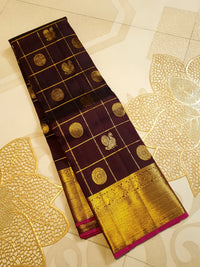 2G Pure Kanjivaram Silk Saree in Deep Brown with Rich Gold Zari Checks, Peacock & Chakram Buttas and Grand Zari Border | Silkmark Certified